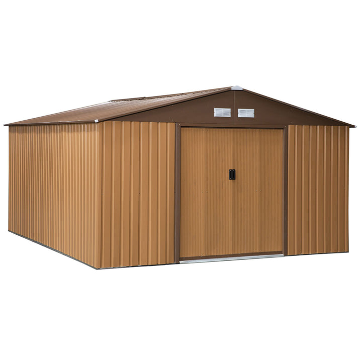 Abrigo de Jardim Metálico 340x386x200cm Abrigo de Exterior para Armazenamento de Ferramentas com Base Incluida 4 Janelas de Ventilação e Porta Corredeira Marrom