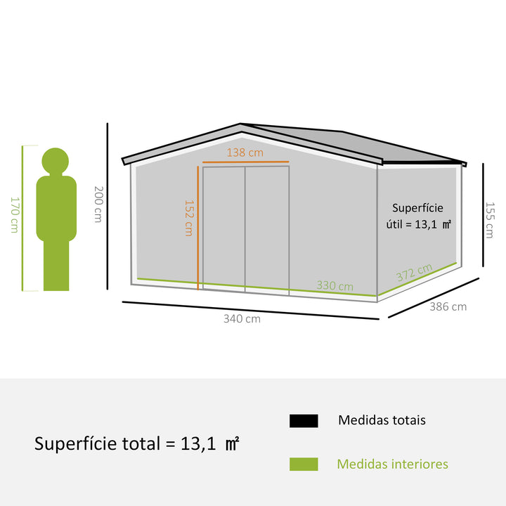 Abrigo de Jardim Metálico 340x386x200cm Abrigo de Exterior para Armazenamento de Ferramentas com Base Incluida 4 Janelas de Ventilação e Porta Corredeira Marrom