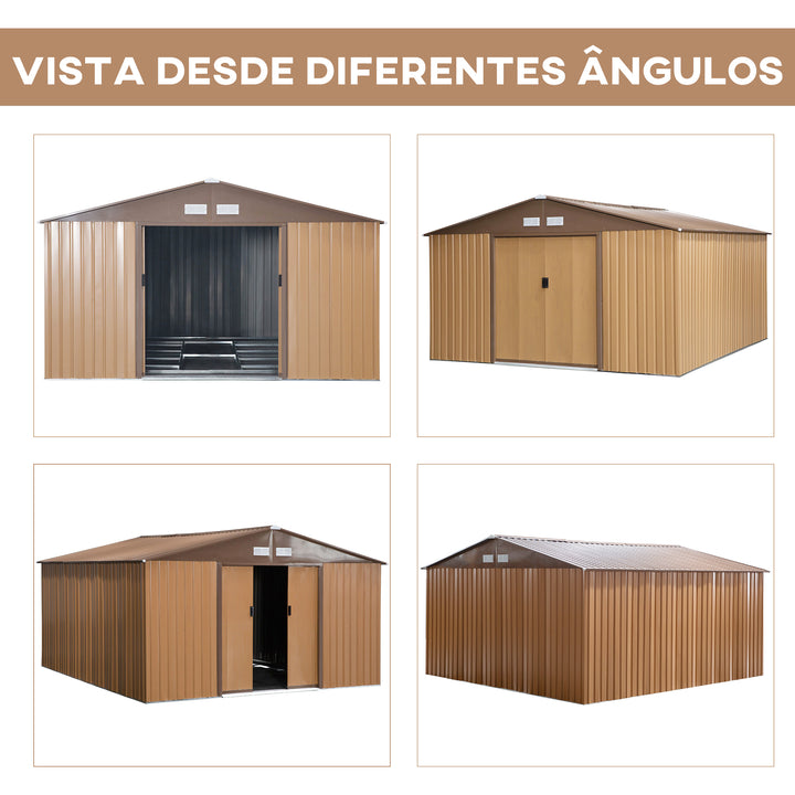 Abrigo de Jardim Metálico 340x386x200cm Abrigo de Exterior para Armazenamento de Ferramentas com Base Incluida 4 Janelas de Ventilação e Porta Corredeira Marrom