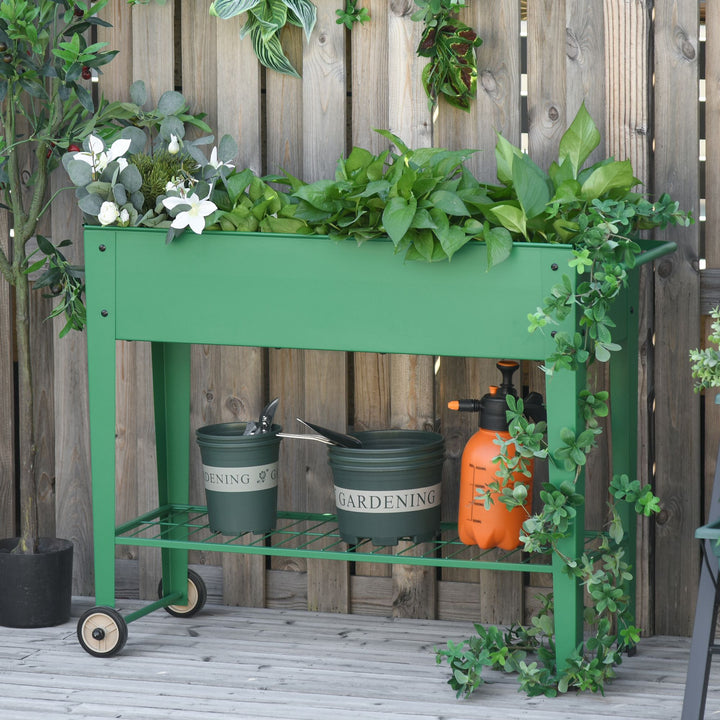 Horta Vertical Elevada de Metal Horta Vertical com Rodas Alça Lateral e Prateleira Inferior para Cultivo de Plantas Flores 104x39x80cm Verde