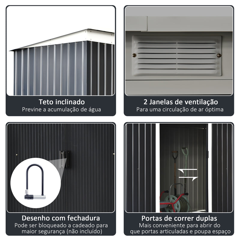 Abrigo de Jardim 280x130x172cm Abrigo de Exterior de Aço Galvanizado com Porta Corredeira e Ventilações para Armazenamento de Ferramentas Cinza Escuro