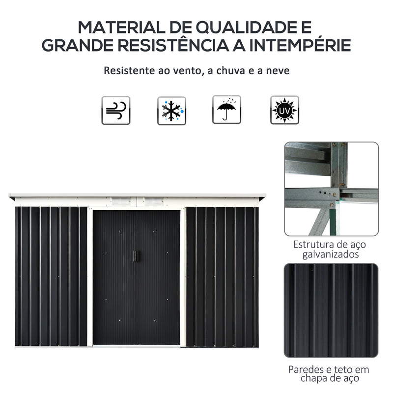 Abrigo de Jardim 280x130x172cm Abrigo de Exterior de Aço Galvanizado com Porta Corredeira e Ventilações para Armazenamento de Ferramentas Cinza Escuro