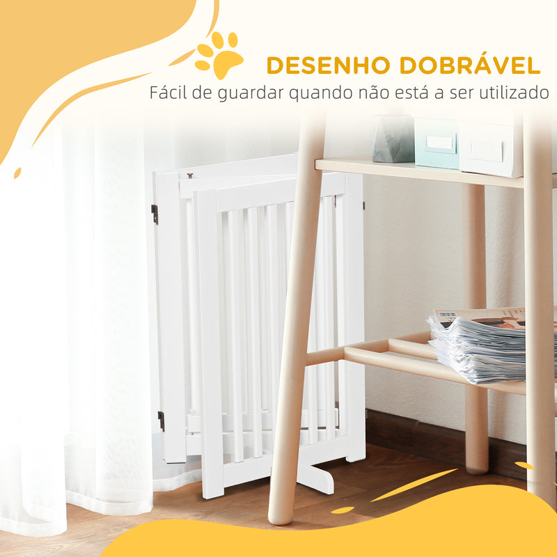 Barreira para Cães de Madeira Barreira para Animais de Estimação Dobrável de 3 Painéis com 1 Porta e Pés de Apoio para Corredor Escada 155x35,5x76 cm Branco