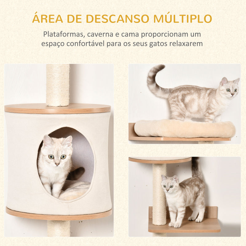 Árvore para Gatos de Parede com Múltiplas Plataformas Caverna Cama Superior Almofada Removível Postes Arranhadores de Sisal Torre para Escalar 38x30x149cm Bege e Carvalho