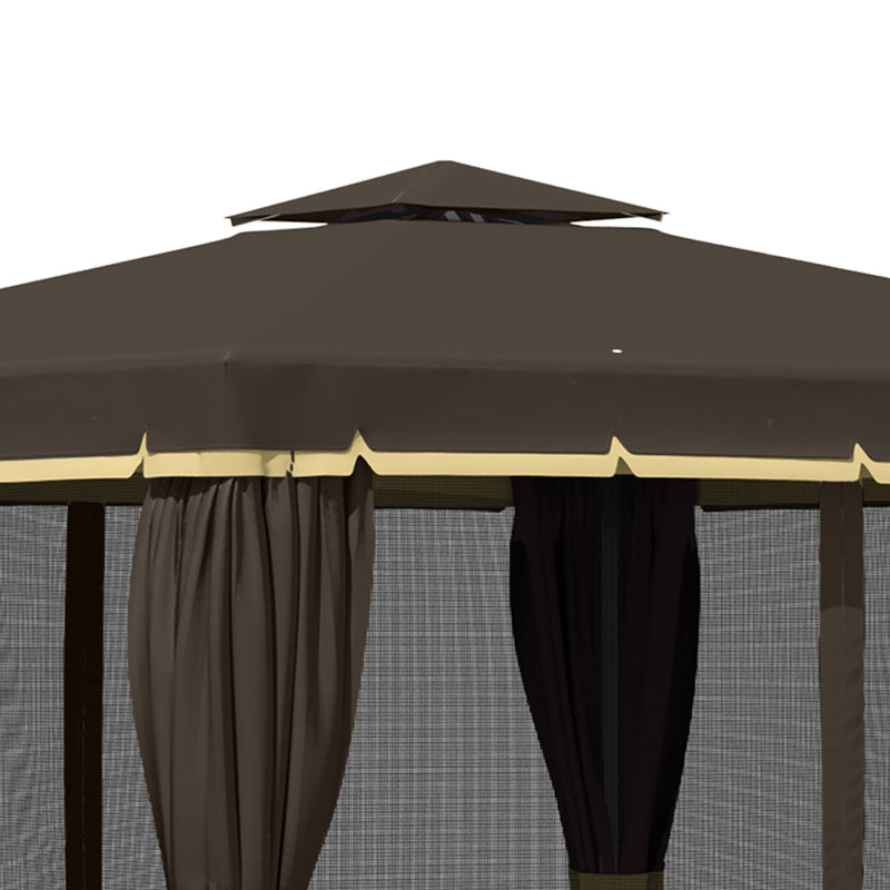 Pérgola de Jardim 296x296x265 cm Pérgola de Alumínio de Exterior com Duplo Teto de Ventilação 4 Cortinas Laterais e 4 Telas Mosquiteiras com Zíper para Festas Eventos Café