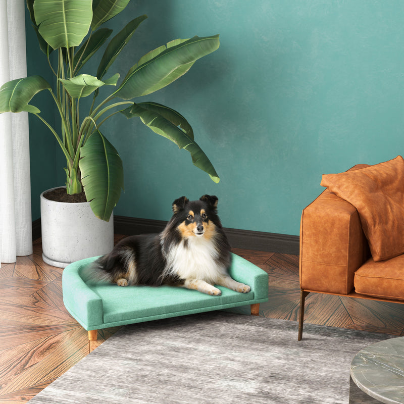 Sofá para Cães Cama Elevada para Cães Estofada com Almofada Lavável e Pés de Madeira de Pinho Carga Máxima 40 kg 98x67x25 cm Verde