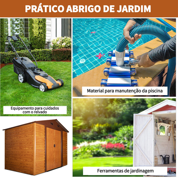 Abrigo de Jardim Exterior 5,4 m² 278x195x215 cm Abrigo de Jardim Metálico com 2 Portas de Correr e 4 Janelas de Ventilação para Armazenamento de Ferramentas Madeira e Marrom