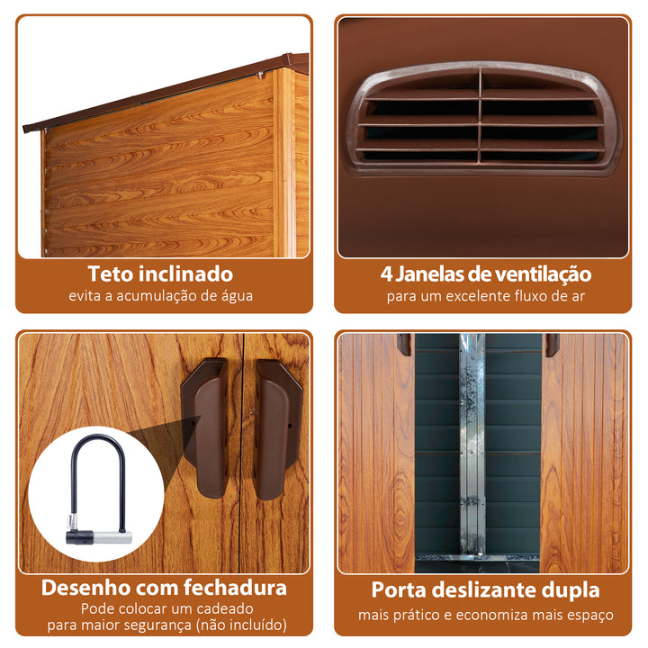 Abrigo de Jardim Exterior 5,4 m² 278x195x215 cm Abrigo de Jardim Metálico com 2 Portas de Correr e 4 Janelas de Ventilação para Armazenamento de Ferramentas Madeira e Marrom