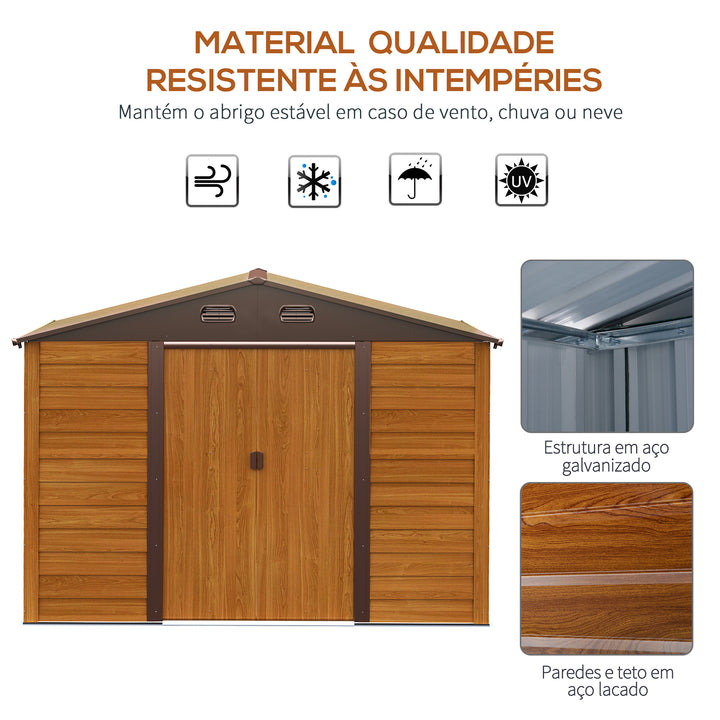 Abrigo de Jardim Exterior 5,4 m² 278x195x215 cm Abrigo de Jardim Metálico com 2 Portas de Correr e 4 Janelas de Ventilação para Armazenamento de Ferramentas Madeira e Marrom