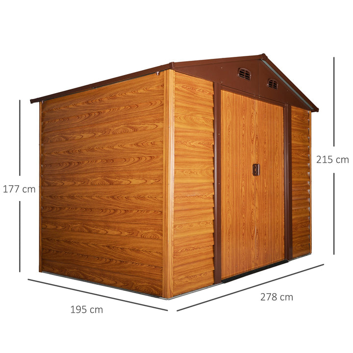 Abrigo de Jardim Exterior 5,4 m² 278x195x215 cm Abrigo de Jardim Metálico com 2 Portas de Correr e 4 Janelas de Ventilação para Armazenamento de Ferramentas Madeira e Marrom