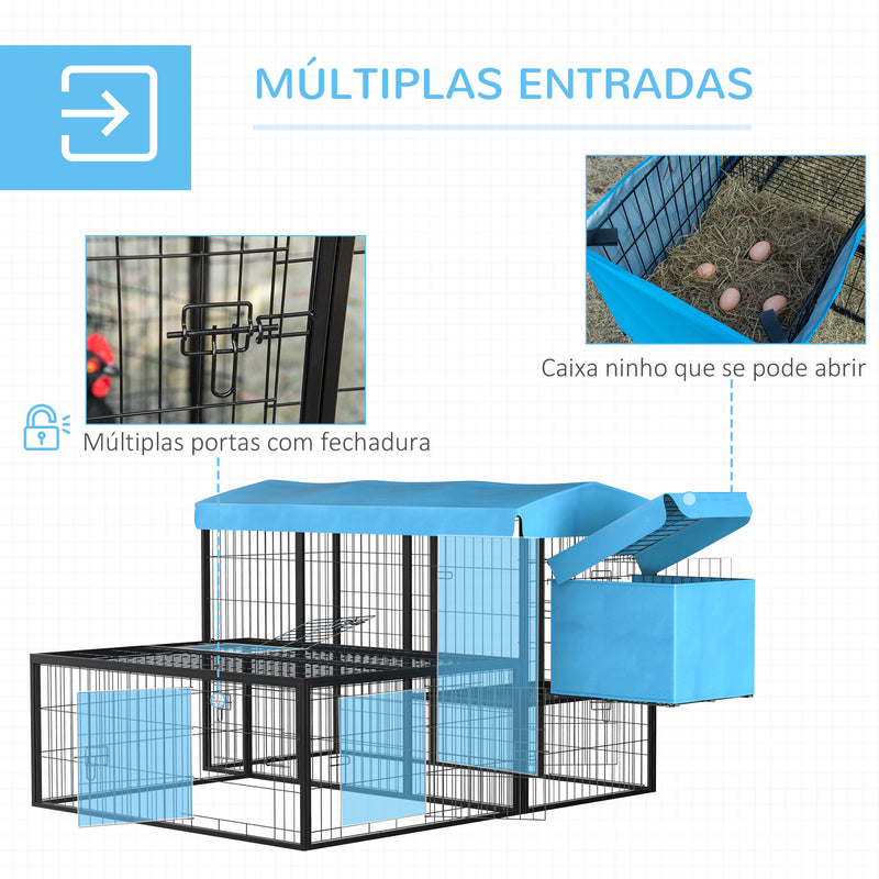 Galinheiro de Metal para 6-10 Galinhas Galinheiro Resistente para Exterior com Toldo Grade de Arame Ninho Múltiplas Portas e Plataforma 200x165,5x103cm Preto e Azul