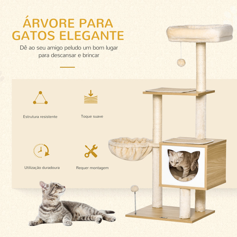 Árvore Arranhador para Gatos com Plataforma Altura 126 cm Torre de Escalar para Gatos com Rede Caverna Cama Postes de Sisal e Bolas de Brincar 48x40x126 cm Bege