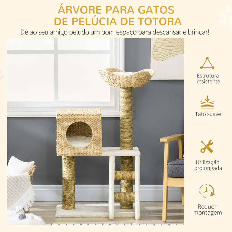 Arranhador para Gatos Médio Altura 100,5cm Arranhador para Gatos com Cama Superior Caverna 2 Almofadas 2 Postes Escada 57x37x100,5cm Bege