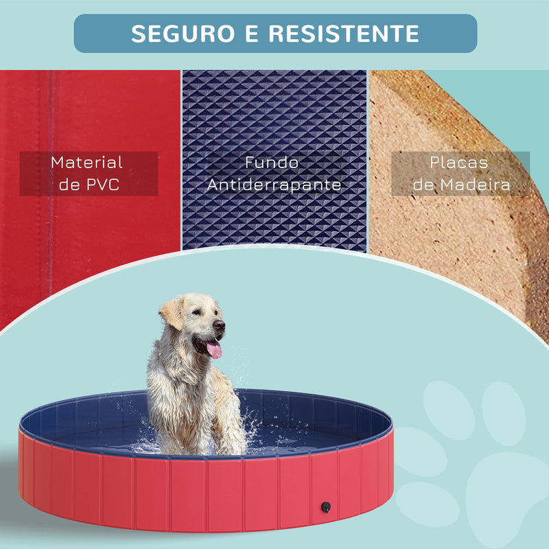 Piscina Dobrável para Cães Gatos Banheira Portátil para Animais de Estimação PVC Antiderrapante Múltiplo Uso para Interior e Exterior Ø160x30 cm Vermelho