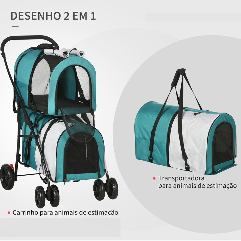 Carrinho Duplo para Cães Gatos Carrinho Dobrável para Animais de Estimação com 2 Transportadoras Portáteis Cinto de Segurança Bolsos Laterais e 2 Almofadas 66x50x98 cm Turquesa e Cinza