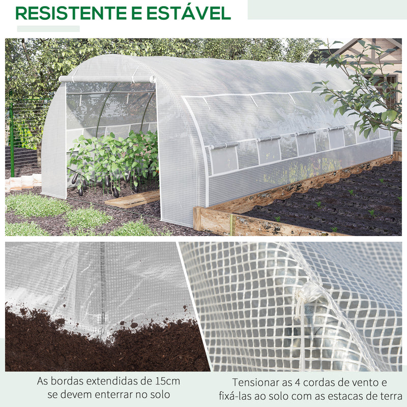 Estufa Tipo Túnel de Jardim 6x3x2m com Porta Enrolável 12 Janelas Cobertura de PE 140g/m² e Metal Galvanizado para Cultivos de Plantas Verduras Branco