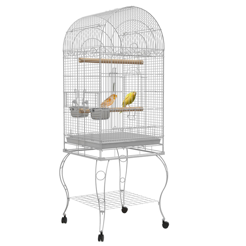 Gaiola para Pássaros com Rodas Gaiola para Pássaros com Bandeja Amovível Prateleira e 2 Comedouros de Aço Inoxidável e Poleiro para Periquitos Canários 51x51x153 cm Branco