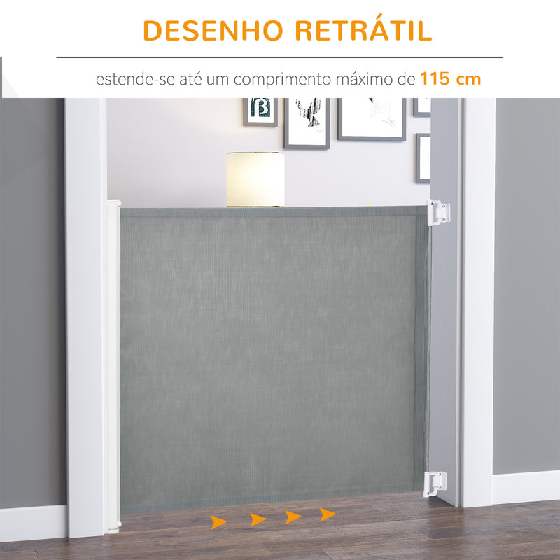 Barreira de Segurança para Cães e Crianças Extensível Grade Retrátil para Animais de Estimação com Extensão Aço e Tecido de Textilene para Escadas e Portas 5,5-115x5,5x82,5cm Cinza