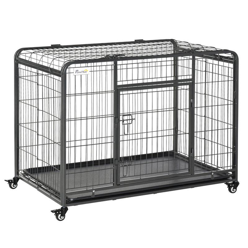 Gaiola de metal dobrável para cães com rodas e freios Bandeja removível e porta com travas 109,5x71x78 cm Cinza escuro