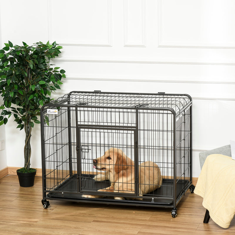 Gaiola de metal dobrável para cães com rodas e freios Bandeja removível e porta com travas 109,5x71x78 cm Cinza escuro