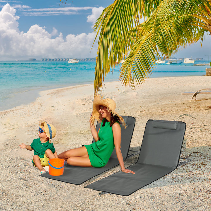 Conjunto de 2 Esteiras de Praia Dobráveis 124x53x50cm com Encosto Ajustável e Apoio para a Cabeça Esteira de Praia Tecido Oxford Aço com Bolsa de Transporte Cinza