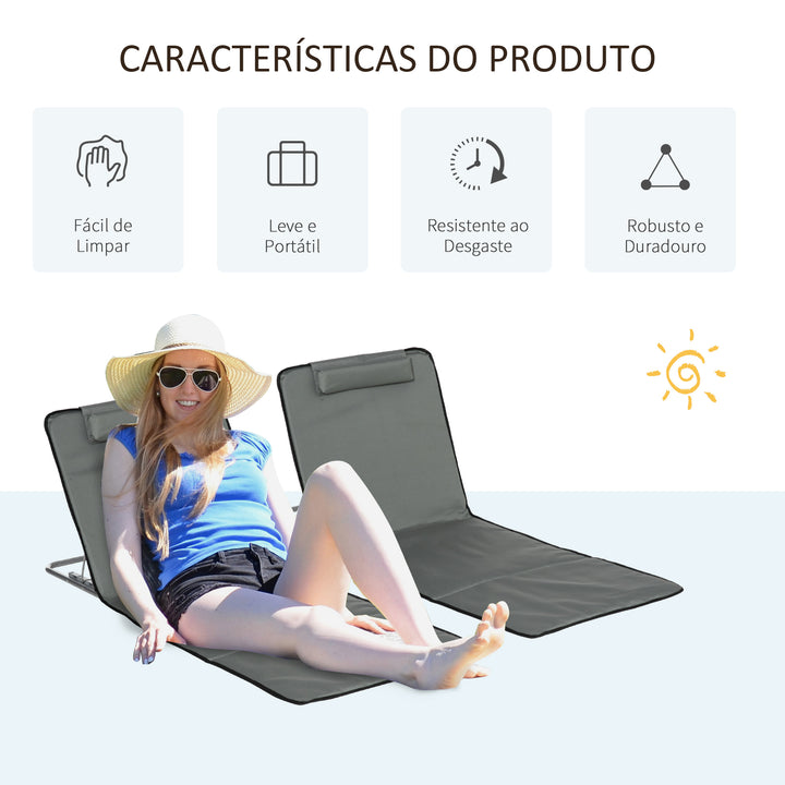 Conjunto de 2 Esteiras de Praia Dobráveis 124x53x50cm com Encosto Ajustável e Apoio para a Cabeça Esteira de Praia Tecido Oxford Aço com Bolsa de Transporte Cinza