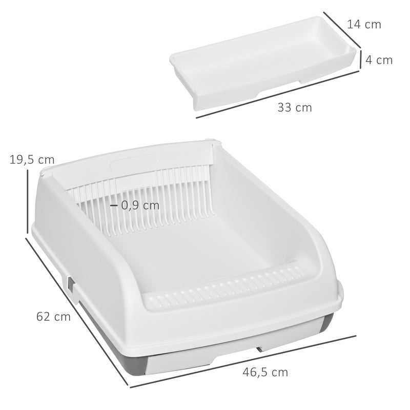 Caixa de Areia para Gatos Caixa de Areia Aberta Semi-Automática com Botão Ancinho Bandeja Removível e Borda Alta 62x46,5x19,5cm Branco