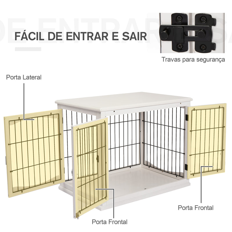 Gaiola para Cães Grande de Madeira com Superfície de Mesa 2 Portas e Grades de Metal 58,5x81x66cm Branco