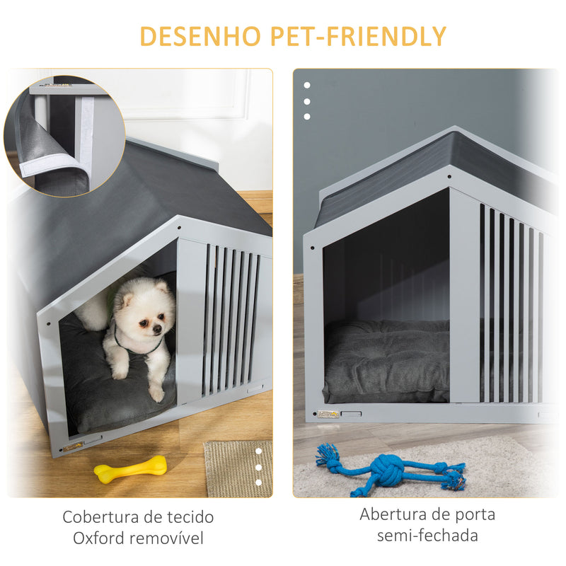 Casa de Madeira para Cães Pequenos Casa para Animais de Estimação Interior com Almofada Acolchoada Grossa Cobertura de Tecido Oxford Removível e Ventilações 60x43x55 Cinza