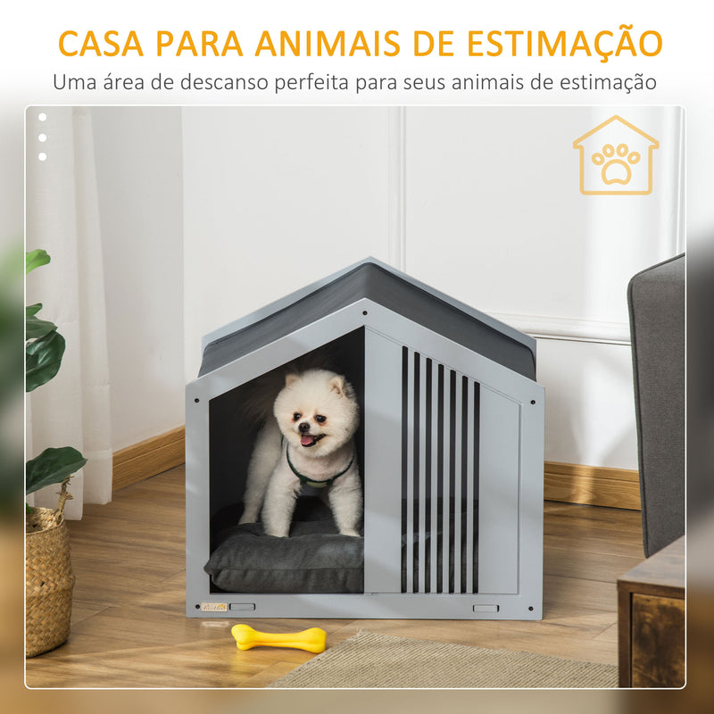 Casa de Madeira para Cães Pequenos Casa para Animais de Estimação Interior com Almofada Acolchoada Grossa Cobertura de Tecido Oxford Removível e Ventilações 60x43x55 Cinza