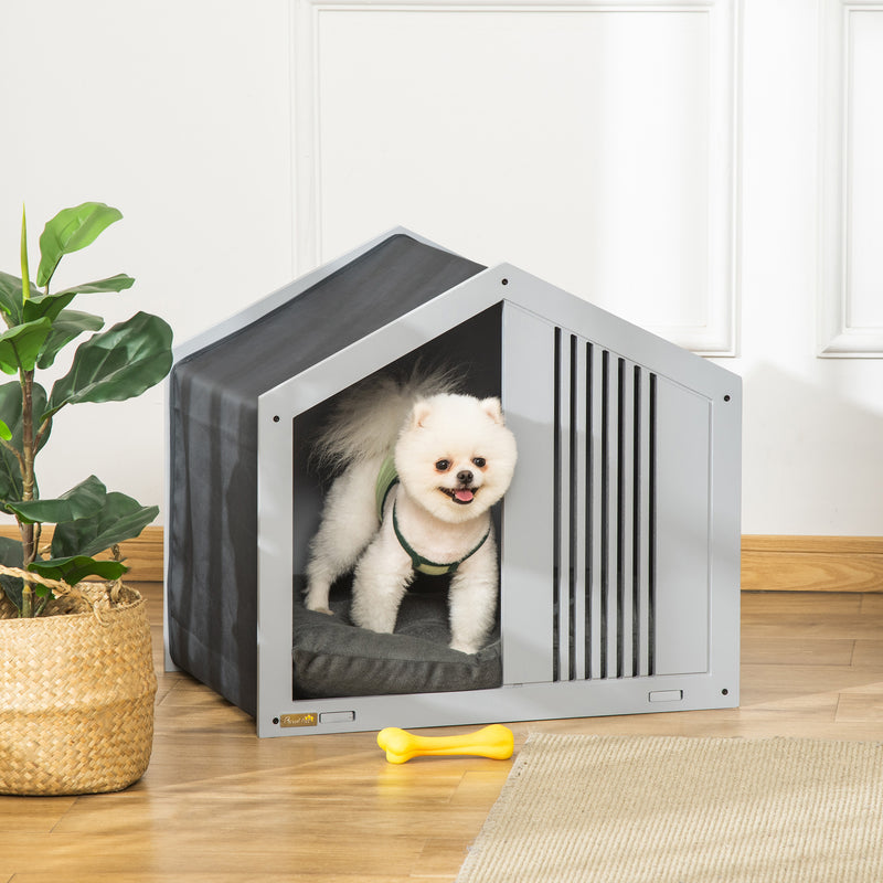 Casa de Madeira para Cães Pequenos Casa para Animais de Estimação Interior com Almofada Acolchoada Grossa Cobertura de Tecido Oxford Removível e Ventilações 60x43x55 Cinza