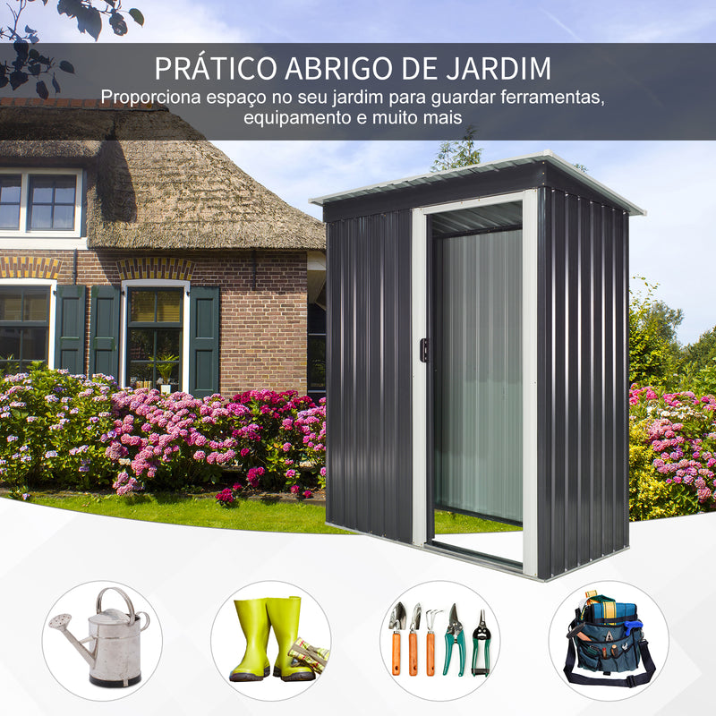 Abrigo de Jardim Exterior 1,5 m² 163x89x182 cm Abrigo Metálico para Ferramentas com Porta de Correr e Teto Inclinado para Pátio Preto