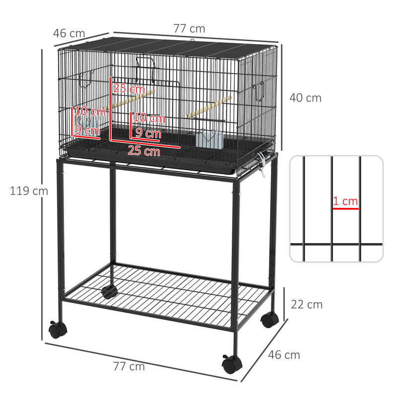 Gaiola para Pássaros com Rodas 77x46x119 cm Gaiola de Metal para Pássaros com Bandeja Amovível 2 Poleiros 2 Comedouros e Prateleira de Armazenamento para Periquitos Canários Preto