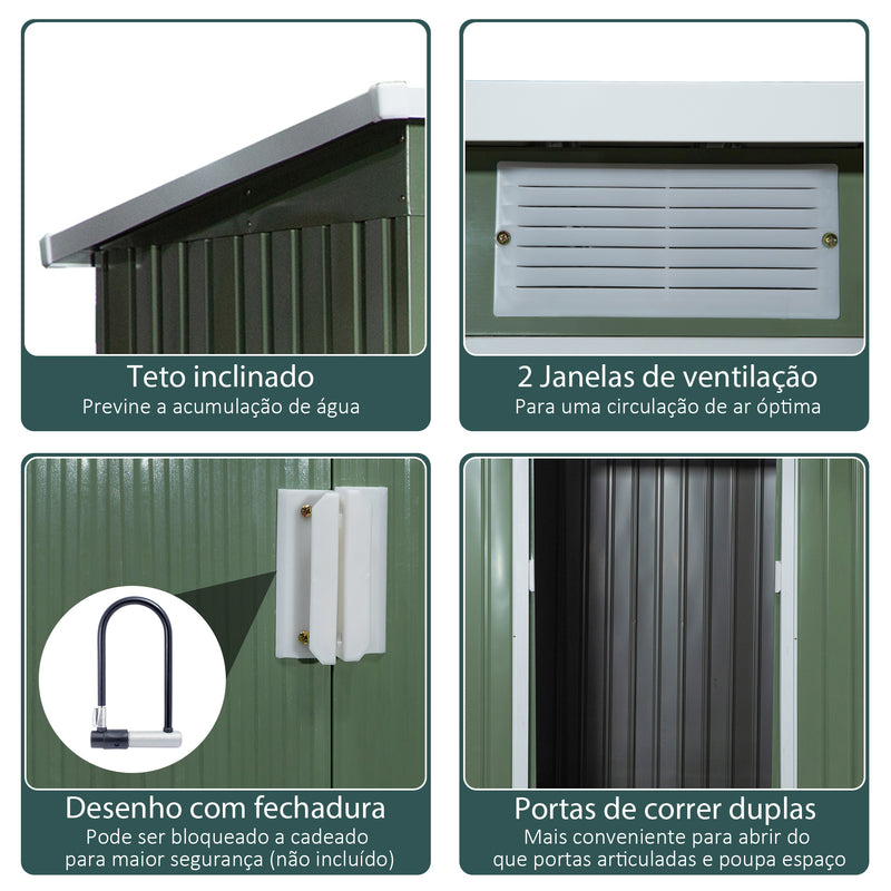 Abrigo de Jardim 213x130x173cm Abrigo de Exterior de Aço Galvanizado com Porta Corredeira e Ventilações para Armazenamento de Ferramentas Verde