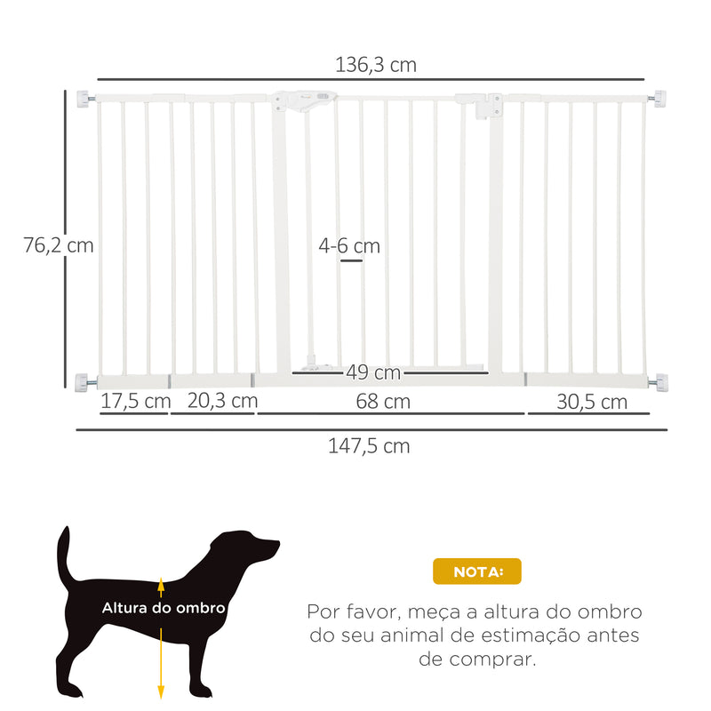 Barreira de Segurança Extensível para Portas e Escadas Barreira de Segurança Cães com Fechamento Automático e Sistema de Duplo Bloqueio Metal 74-147,5x76,2 cm Branco