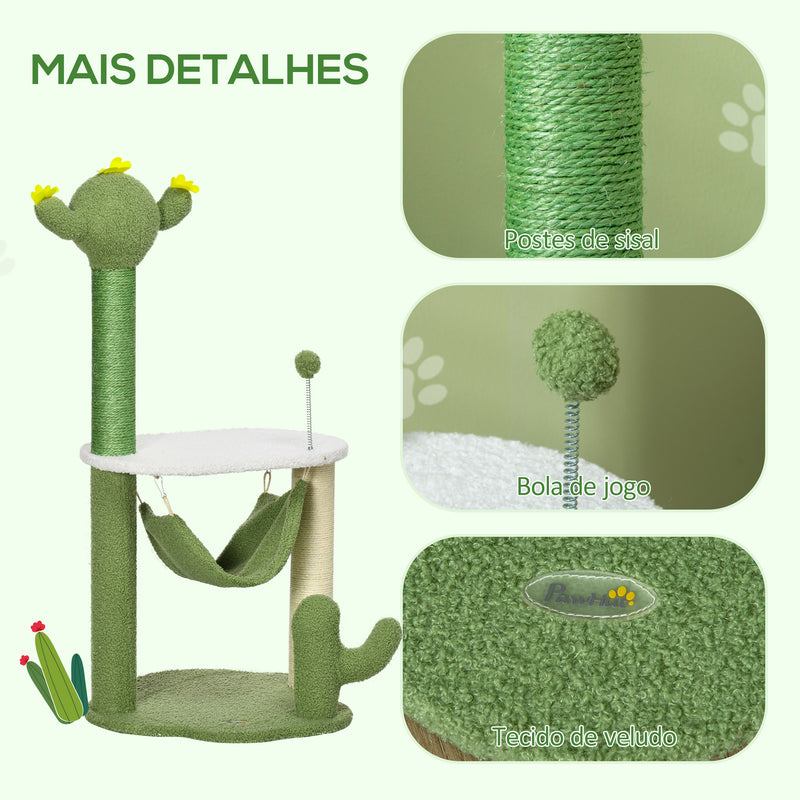 Árvore Arranhador para Gatos com Forma de Cacto Altura 90cm Torre para Gatos com Rede Plataforma Postes de Sisal e Bola Divertida 45x45x90cm Verde