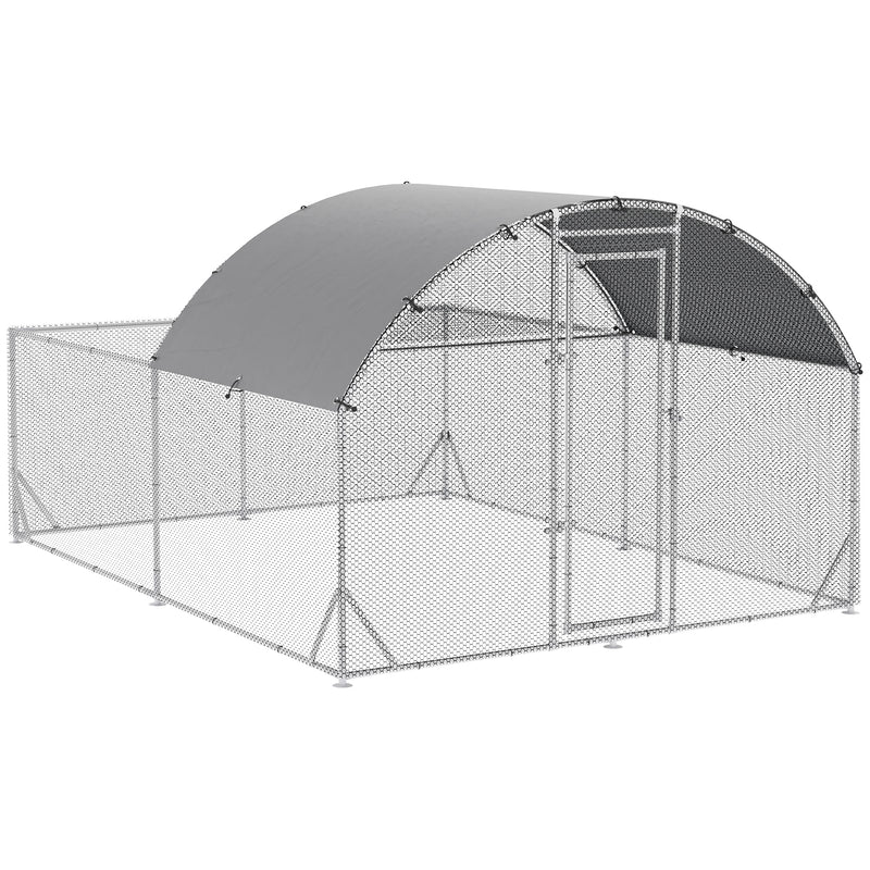 Galinheiro de Exterior Grande 380x280x195cm Gaiola para 10-12 Galinhas de Aço Galvanizado com 2 Ambientes Teto com Cobertura de Tecido e Cerca para Coelhos Patos Prata