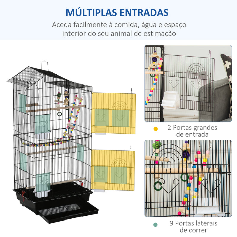 Gaiola para Passáros Gaiola de Metal com Múltiplas Portas 4 Comedouros 3 Poleiros Baloiço Escadas e Bandeja Removível para Periquitos Canários 46x36x100cm Preto