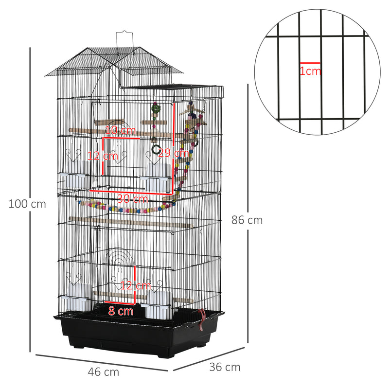 Gaiola para Passáros Gaiola de Metal com Múltiplas Portas 4 Comedouros 3 Poleiros Baloiço Escadas e Bandeja Removível para Periquitos Canários 46x36x100cm Preto