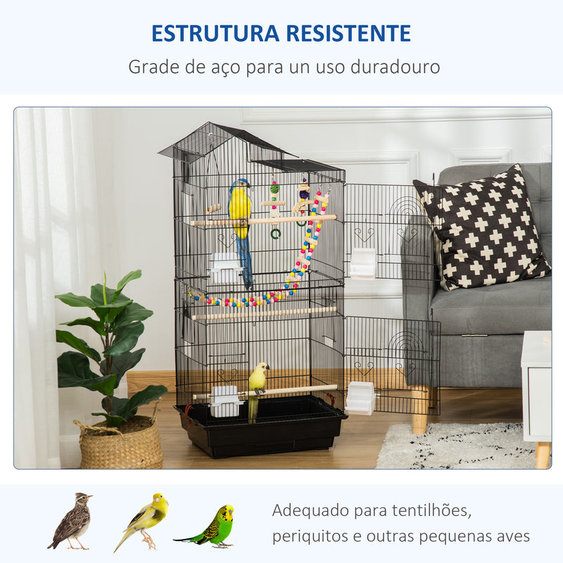 Gaiola para Passáros Gaiola de Metal com Múltiplas Portas 4 Comedouros 3 Poleiros Baloiço Escadas e Bandeja Removível para Periquitos Canários 46x36x100cm Preto