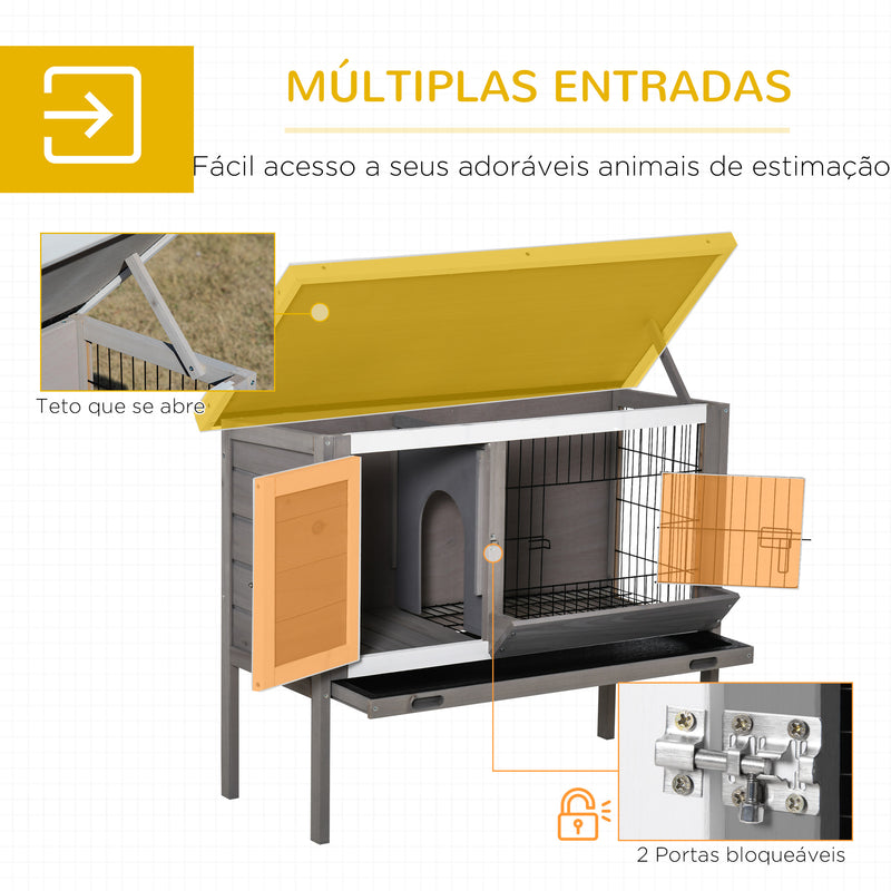 Coelheira de Madeira Exterior Gaiola Elevada para Coelhos Cobaias Animais Pequenos com Teto Asfáltico Abatível Comedouro Bandejas Removíveis e 2 Portas 91x46x71cm Cinza