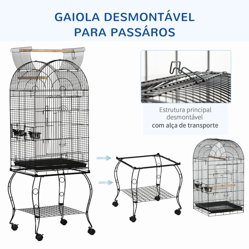 Gaiola para Pássaros com Suporte e Rodas Gaiola Grande de Metal com Bandeja Amovível e 2 Tigelas para Papagaios Piriquito 51x51x153 cm Preto