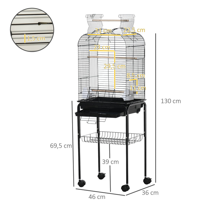 Gaiola para Passáros com Suporte Gaiola com 4 Rodas Teto com Abertura 2 Comedouros 3 Poleiros Bandeja Removível e Prateleira Inferior 46x36x130cm Preto