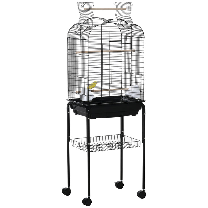 Gaiola para Passáros com Suporte Gaiola com 4 Rodas Teto com Abertura 2 Comedouros 3 Poleiros Bandeja Removível e Prateleira Inferior 46x36x130cm Preto