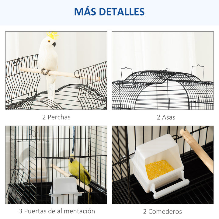 Gaiola para Passáros com Suporte Gaiola com 4 Rodas Teto com Abertura 2 Comedouros 3 Poleiros Bandeja Removível e Prateleira Inferior 46x36x130cm Preto