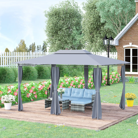 Pérgola de Jardim com Estrutura de Aço Teto Duplo 6 Cortinas Laterais 8 Orifícios de Drenagem 300x400x280 cm Cinza