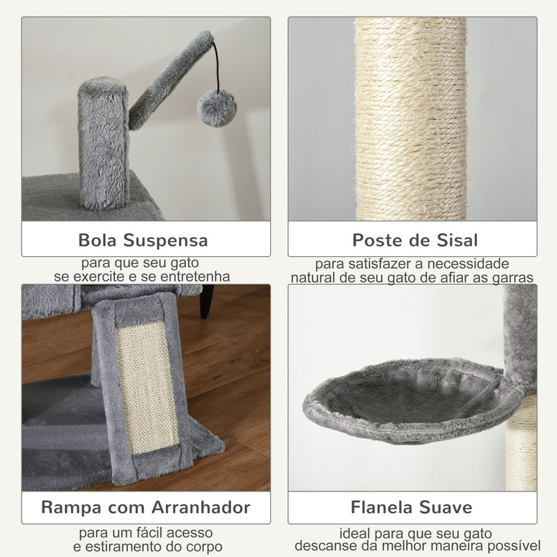 Árvore Arranhador para Gatos para Fixar ao Teto Altura Ajustável 230-280cm com Rede Caverna Rampa Bola pendurada 60x40x280cm Cinza Claro