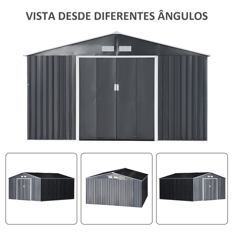 Galpão de jardim Galpão de armazenamento para ferramentas com porta deslizante dupla aço galvanizado 340x382x200 cm cinza