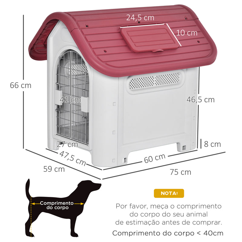 Casota para Cães com Porta Removível Base Elevada 3 Respiradouros e Janela Casota de Cães para Interior e Exterior 59x75x66cm Cinza e Vermelho