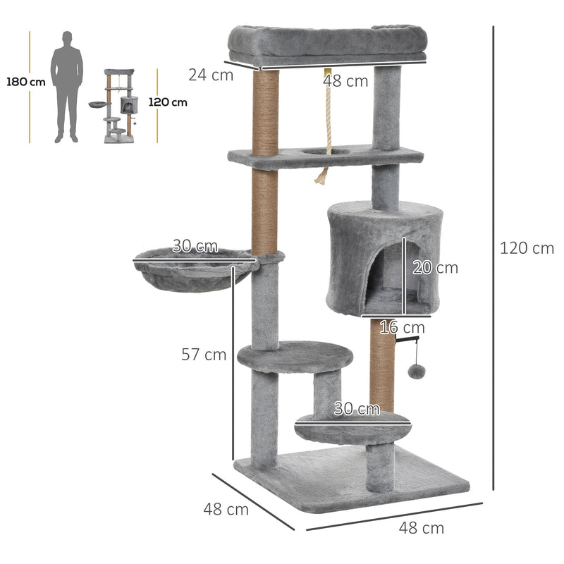 Arranhador para Gatos Altura 120 cm Torre para Gatos com Plataforma Caverna Rede Postes de Juta Corda e Bola Suspensa 48x48x120 cm Cinza